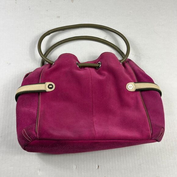 Cole Haan Fuchsia Suede Shoulder Bag Olive Trim Leather Strap Boho Slouchy Tote - Picture 6 of 14